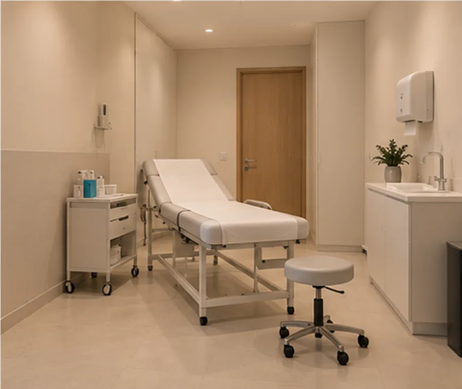 Visualización conceptual de una sala de tratamiento proyectada para MedicalQ, generada mediante IA
