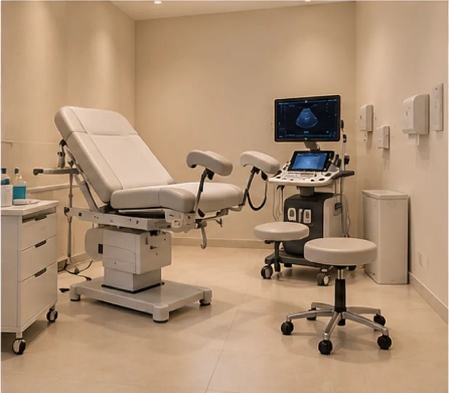 Visualización conceptual de una sala de exploración ginecológica proyectada para MedicalQ, generada mediante IA